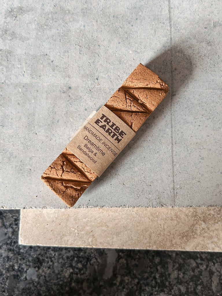 A handmade Dreamtime incense plank of WA Sandalwood and WA Balga by Tribe Earth.