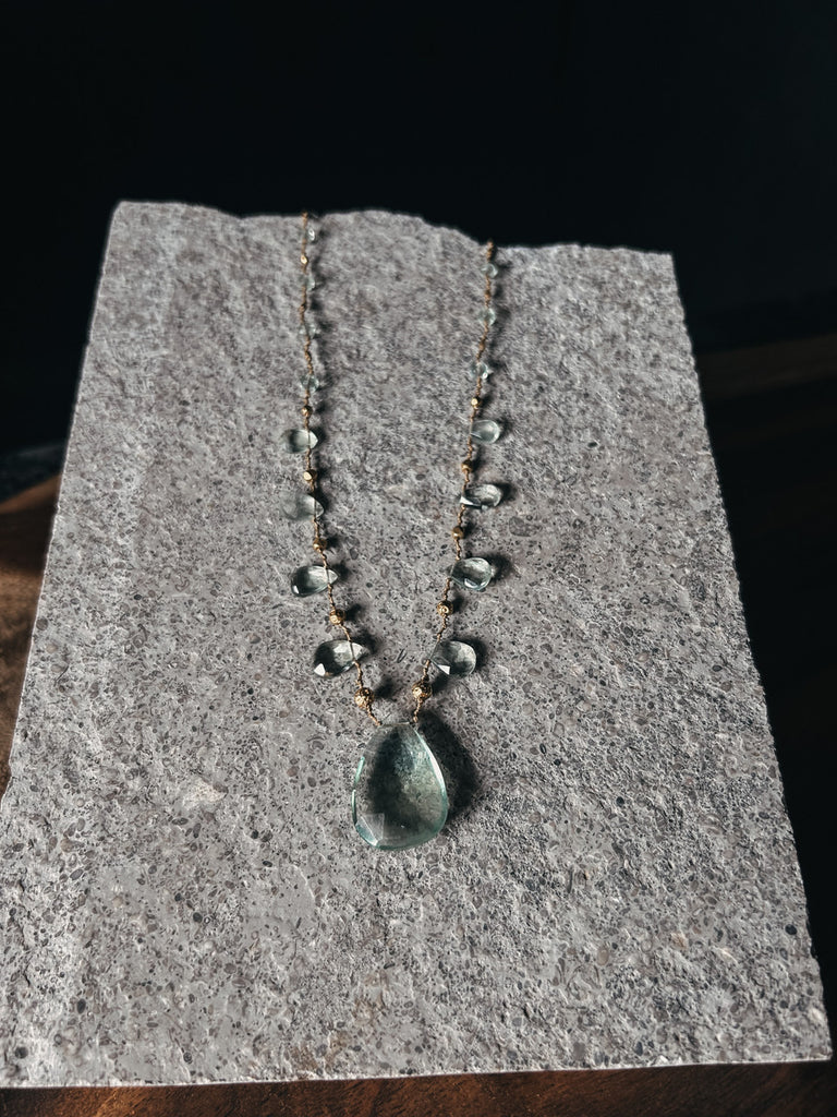 A stunning ali'i necklace with faceted green fluorite gemstones and solid 18K gold beads, finished with a gold chain and lobster clasp.