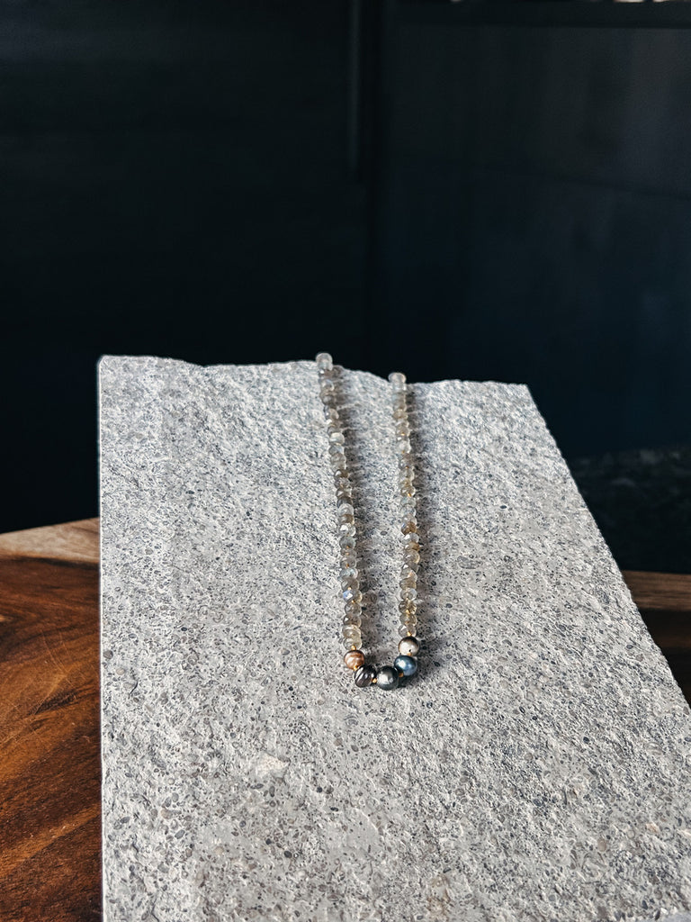 A labradorite and Tahitian pearl necklace made by Patrick Spier on the island of Kauai.