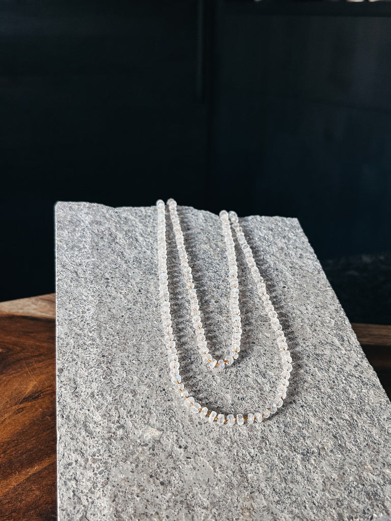 A long moonstone necklace made by Patrick Spier on the island of Kauai, Hawaii.