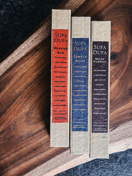 Three varieties of Supa Dupa incense including Begone Bug, Temple Spice, and Moon Flower.