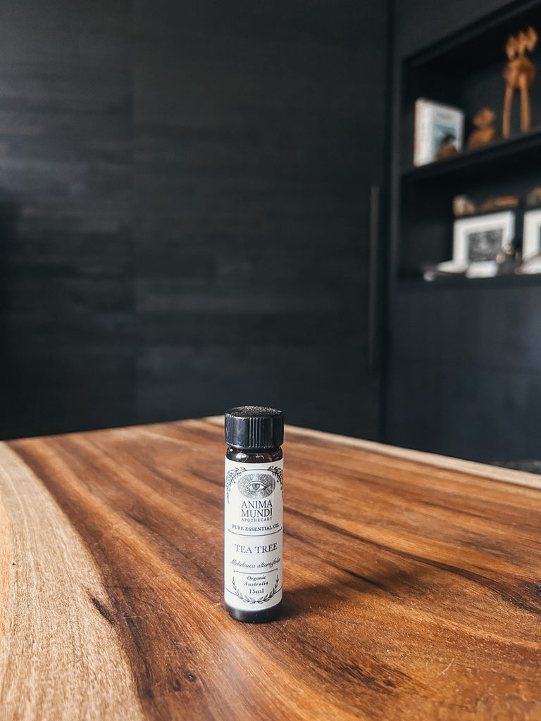A bottle of Tea Tree essential oil by Anima Mundi.