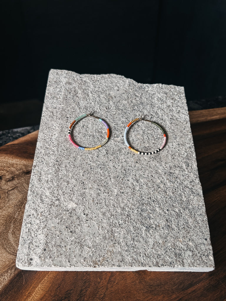 Large Rangi hoop earrings with Japanese glass seed beads.